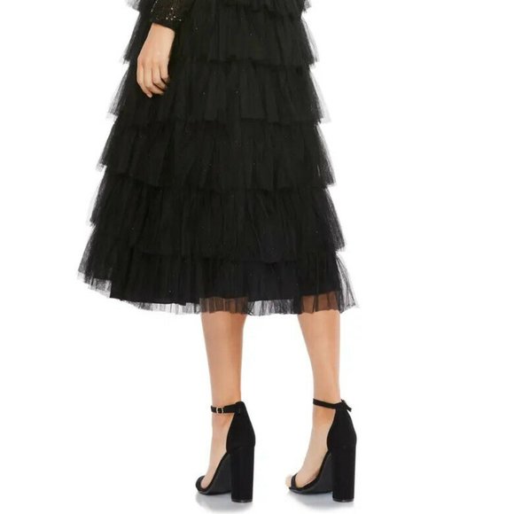 Mac Duggal Black Sequin Tiered Long Sleeve Tulle Dress - Picture 4 of 5